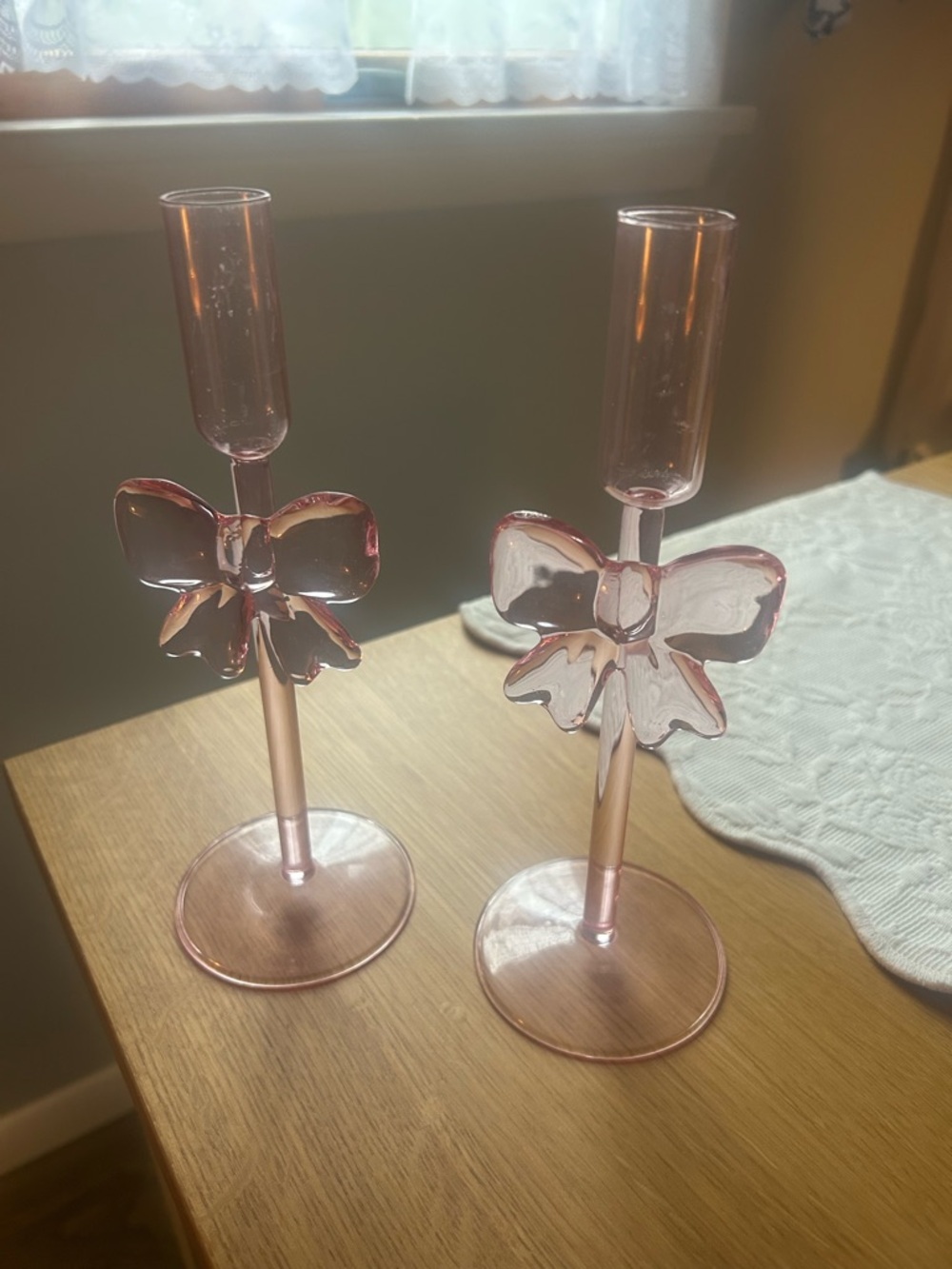T.J.Maxx Pink Glass Bow Taper Candle Holders